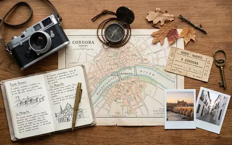 Flatlay-Reise-Arrangement rund um Romische Brucke Cordoba in Cordoba Spanien, Karte Kompass Kamera und generische Reiserequisiten - Foto: THN