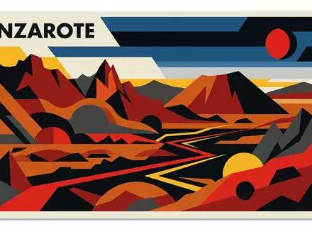 Bauhaus-Poster als geometrische Abstraktion von Timanfaya-Nationalpark in Lanzarote Spanien, kraeftige Grundfarben und harte Formkanten - Foto: THN
