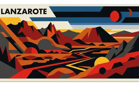 Bauhaus-Poster als geometrische Abstraktion von Timanfaya-Nationalpark in Lanzarote Spanien, kraeftige Grundfarben und harte Formkanten - Foto: THN