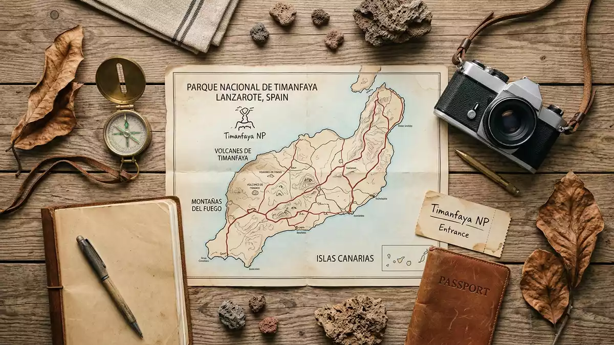 Flatlay-Reise-Arrangement rund um Timanfaya-Nationalpark in Lanzarote, Spanien
