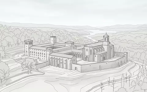 Moderner Architektur-Render zeigt Silhouette von Monasterio de Piedra in Nuevalos Spanien, klare Linien und neutrales - Foto: THN