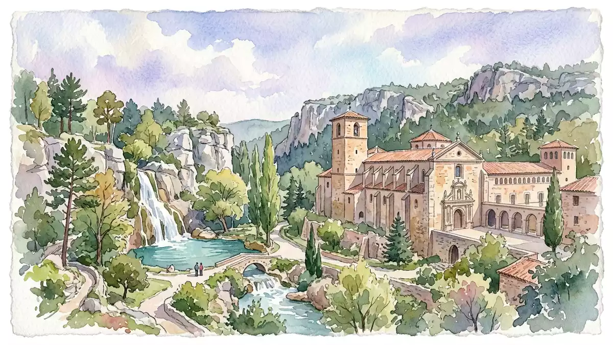 Aquarell-Illustration von Monasterio de Piedra in Nuevalos, Spanien als Reiseposter