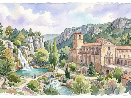 Aquarellillustration des Wahrzeichens Monasterio de Piedra in Nuevalos Spanien, weiche Farbverläufe und pastelliges Reiseposter-Feeling - Foto: THN