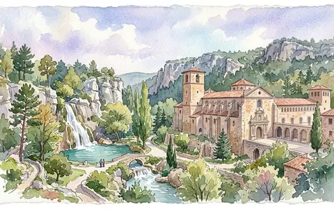 Aquarellillustration des Wahrzeichens Monasterio de Piedra in Nuevalos Spanien, weiche Farbverläufe und pastelliges Reiseposter-Feeling - Foto: THN