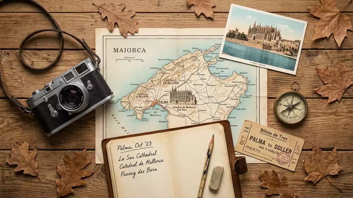 Flatlay-Reise-Arrangement rund um Kathedrale von Palma in Palma, Spanien