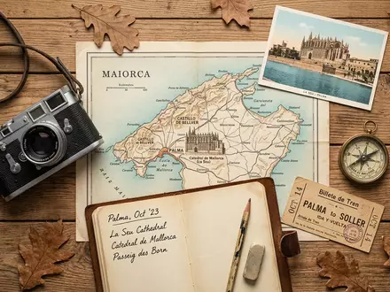 Flatlay-Reise-Arrangement rund um Kathedrale von Palma in Palma Spanien, Karte Kompass Kamera und generische Reiserequisiten - Foto: THN