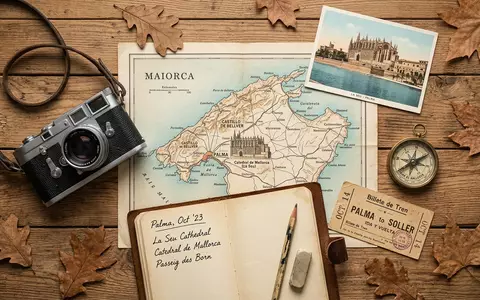 Flatlay-Reise-Arrangement rund um Kathedrale von Palma in Palma Spanien, Karte Kompass Kamera und generische Reiserequisiten - Foto: THN