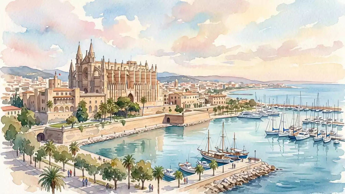 Aquarell-Illustration von Kathedrale von Palma in Palma, Spanien als Reiseposter