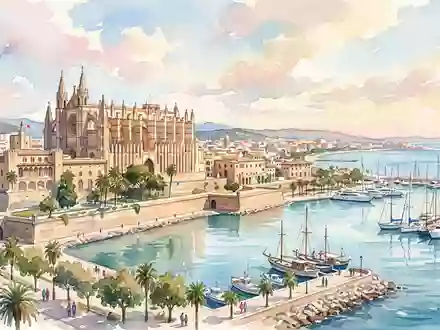Aquarellillustration des Wahrzeichens Kathedrale von Palma in Palma Spanien, weiche Farbverläufe und pastelliges Reiseposter-Feeling - Foto: THN