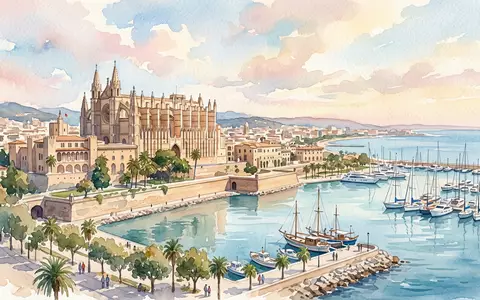 Aquarellillustration des Wahrzeichens Kathedrale von Palma in Palma Spanien, weiche Farbverläufe und pastelliges Reiseposter-Feeling - Foto: THN