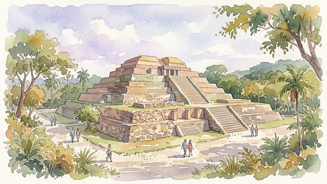 Aquarell-Illustration von Tazumal in Chalchuapa, El Salvador als Reiseposter