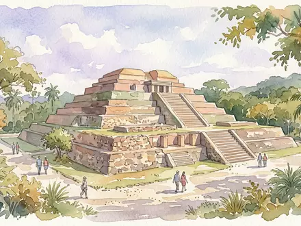 Aquarellillustration des Wahrzeichens Tazumal in Chalchuapa El Salvador, weiche Farbverläufe und pastelliges Reiseposter-Feeling - Foto: THN