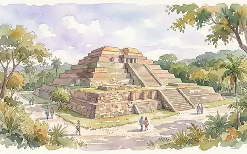 Aquarellillustration des Wahrzeichens Tazumal in Chalchuapa El Salvador, weiche FarbverlÀufe und pastelliges Reiseposter-Feeling - Foto: THN
