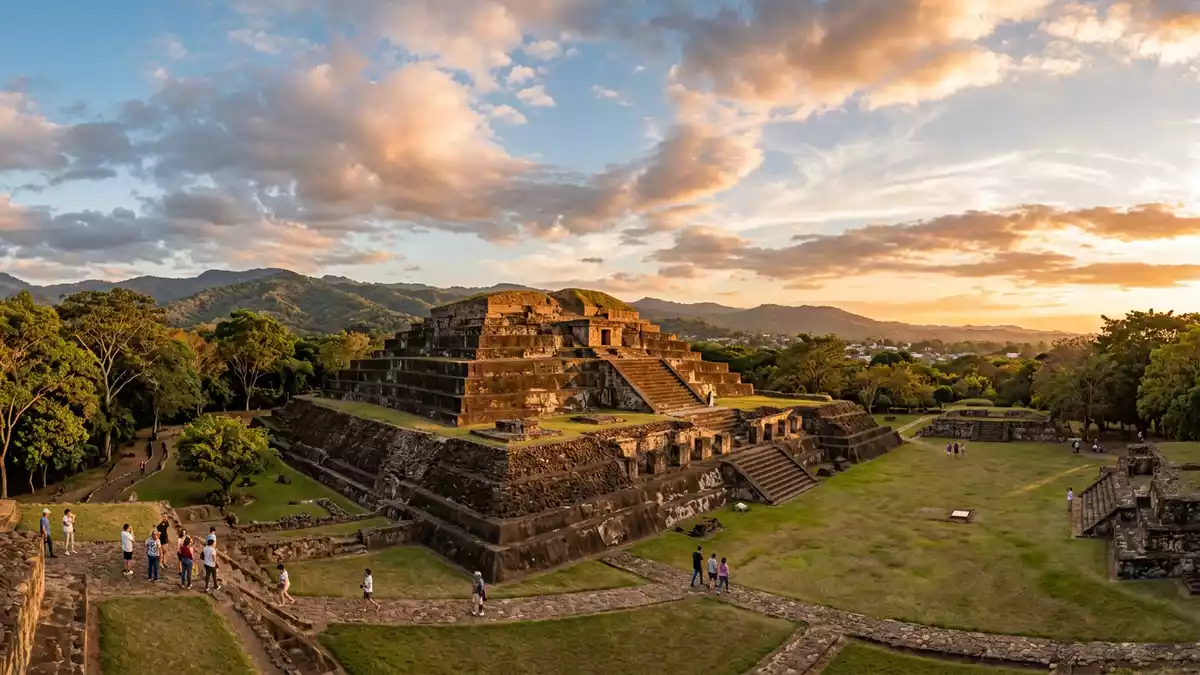 Fotorealistische Ansicht von Tazumal in Chalchuapa, El Salvador im Abendlicht