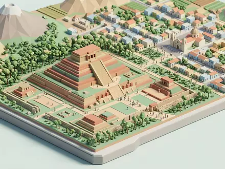 Isometrisches Diorama von Tazumal und Umgebung in Chalchuapa El Salvador, verspielte Low-Poly-Kulisse in Pastellfarben - Foto: THN