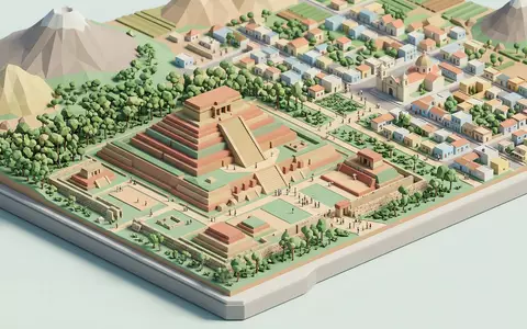Isometrisches Diorama von Tazumal und Umgebung in Chalchuapa El Salvador, verspielte Low-Poly-Kulisse in Pastellfarben - Foto: THN
