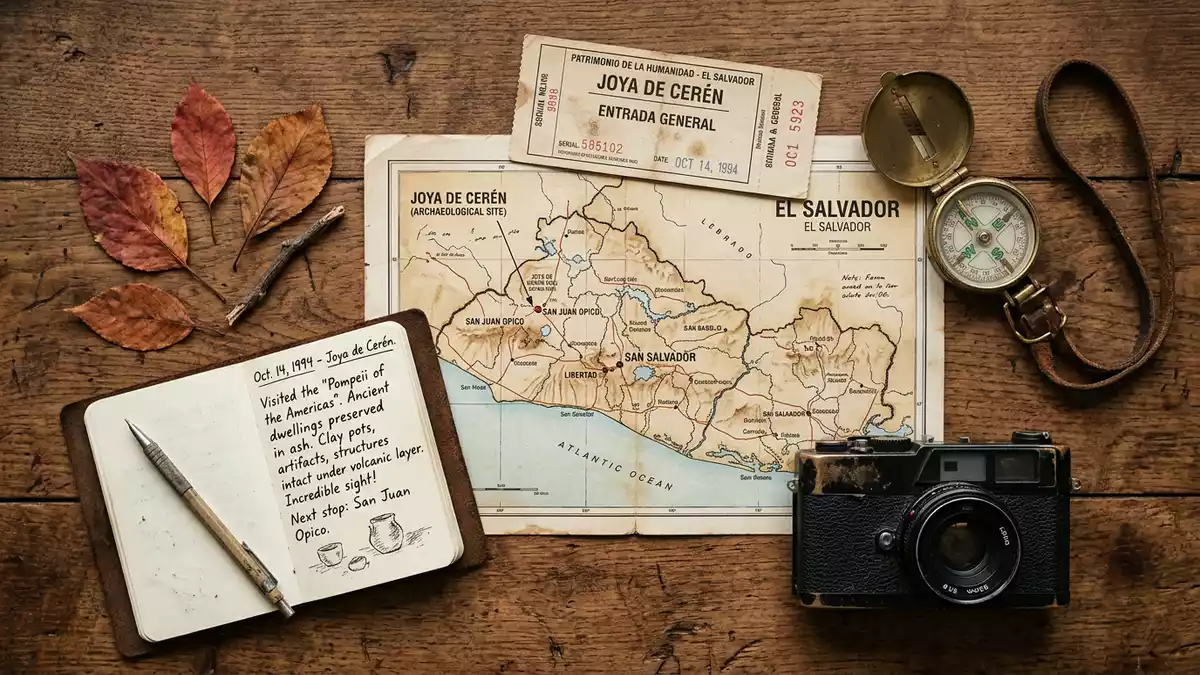 Flatlay-Reise-Arrangement rund um Joya de Ceren in San Juan Opico, El Salvador