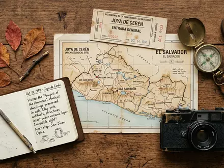 Flatlay-Reise-Arrangement rund um Joya de Ceren in San Juan Opico El Salvador, Karte Kompass Kamera - Foto: THN