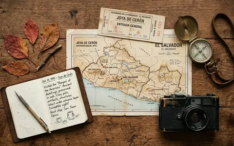 Flatlay-Reise-Arrangement rund um Joya de Ceren in San Juan Opico El Salvador, Karte Kompass Kamera - Foto: THN
