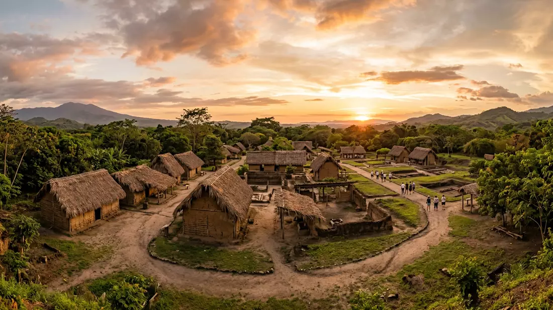 Fotorealistische Ansicht von Joya de Ceren in San Juan Opico, El Salvador im Abendlicht