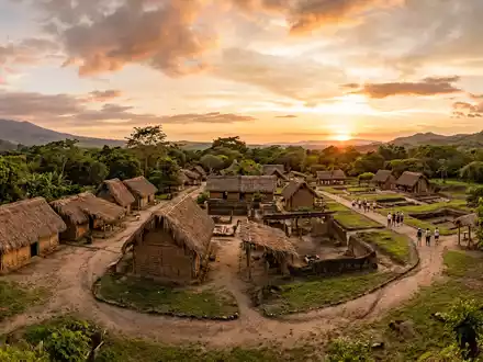 Fotorealistische Panoramaaufnahme von Joya de Ceren in San Juan Opico El Salvador, warmes Abendlicht auf - Foto: THN