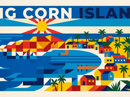 Bauhaus-Poster als geometrische Abstraktion von Corn Islands in Big Corn Island Nicaragua, kraeftige Grundfarben und - Foto: THN