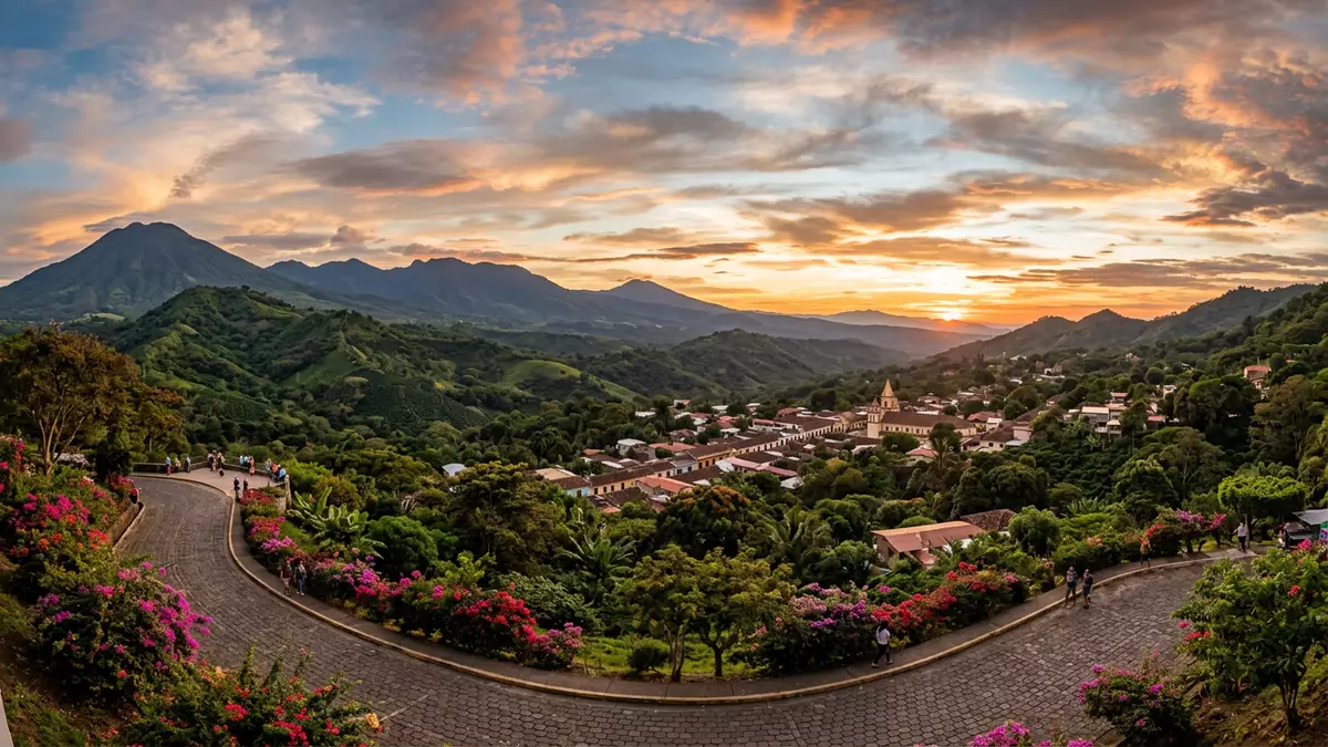 Fotorealistische Ansicht von Ruta de las Flores in Juayua, El Salvador im Abendlicht