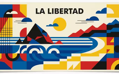 Bauhaus-Poster als geometrische Abstraktion von El Tunco Strand in La Libertad El Salvador, kraeftige Grundfarben - Foto: THN