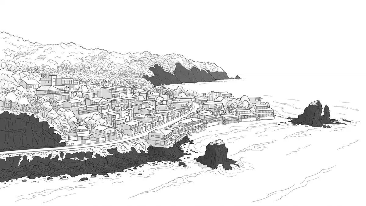 Architektur-Render von El Tunco Strand in La Libertad, El Salvador bei Tageslicht