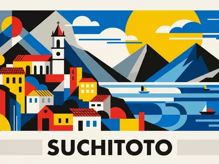 Bauhaus-Poster als geometrische Abstraktion von Suchitoto Altstadt in Suchitoto El Salvador, kraeftige Grundfarben und harte - Foto: THN