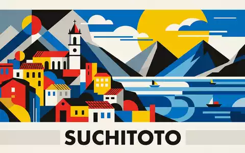 Bauhaus-Poster als geometrische Abstraktion von Suchitoto Altstadt in Suchitoto El Salvador, kraeftige Grundfarben und harte - Foto: THN