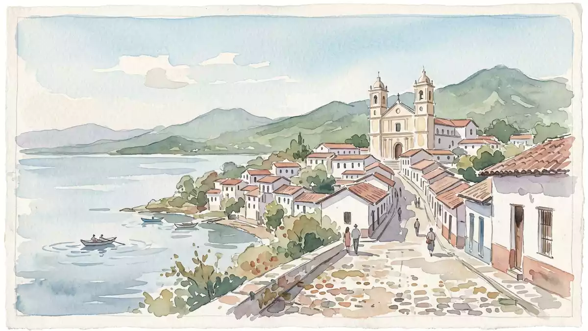Aquarell-Illustration von Suchitoto Altstadt in Suchitoto, El Salvador als Reiseposter