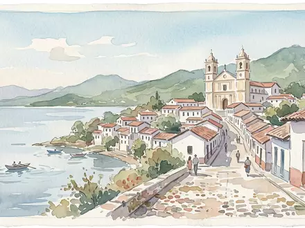 Aquarellillustration des Wahrzeichens Suchitoto Altstadt in Suchitoto El Salvador, weiche Farbverläufe und pastelliges Reiseposter-Feeling - Foto: THN