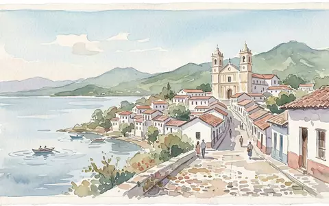 Aquarellillustration des Wahrzeichens Suchitoto Altstadt in Suchitoto El Salvador, weiche Farbverläufe und pastelliges Reiseposter-Feeling - Foto: THN