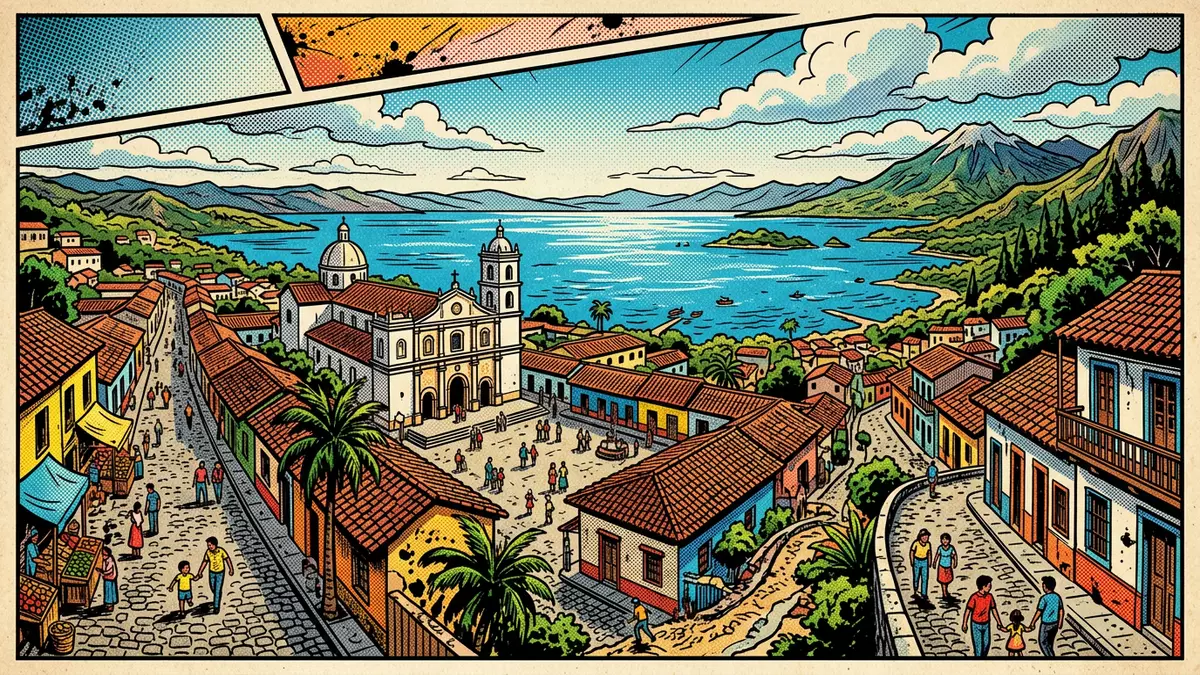 Pop-Art-Comic von Suchitoto Altstadt in Suchitoto, El Salvador mit Rasterpunkten