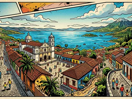 Pop-Art-Comicillustration des Wahrzeichens Suchitoto Altstadt in Suchitoto El Salvador, kraeftige Konturen Rasterpunkte und satte Farben - Foto: THN