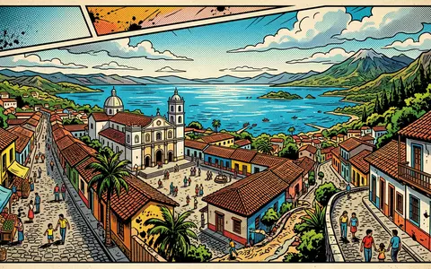 Pop-Art-Comicillustration des Wahrzeichens Suchitoto Altstadt in Suchitoto El Salvador, kraeftige Konturen Rasterpunkte und satte Farben - Foto: THN