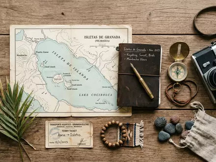 Flatlay-Reise-Arrangement rund um Inseln von Granada in Granada Nicaragua, Karte Kompass Kamera und generische Reiserequisiten - Foto: THN