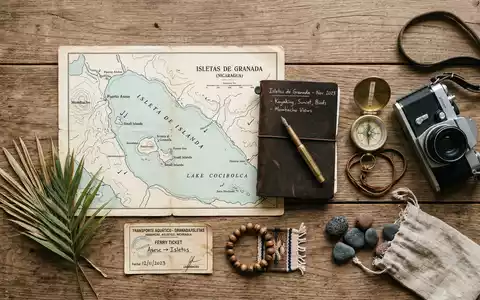 Flatlay-Reise-Arrangement rund um Inseln von Granada in Granada Nicaragua, Karte Kompass Kamera und generische Reiserequisiten - Foto: THN