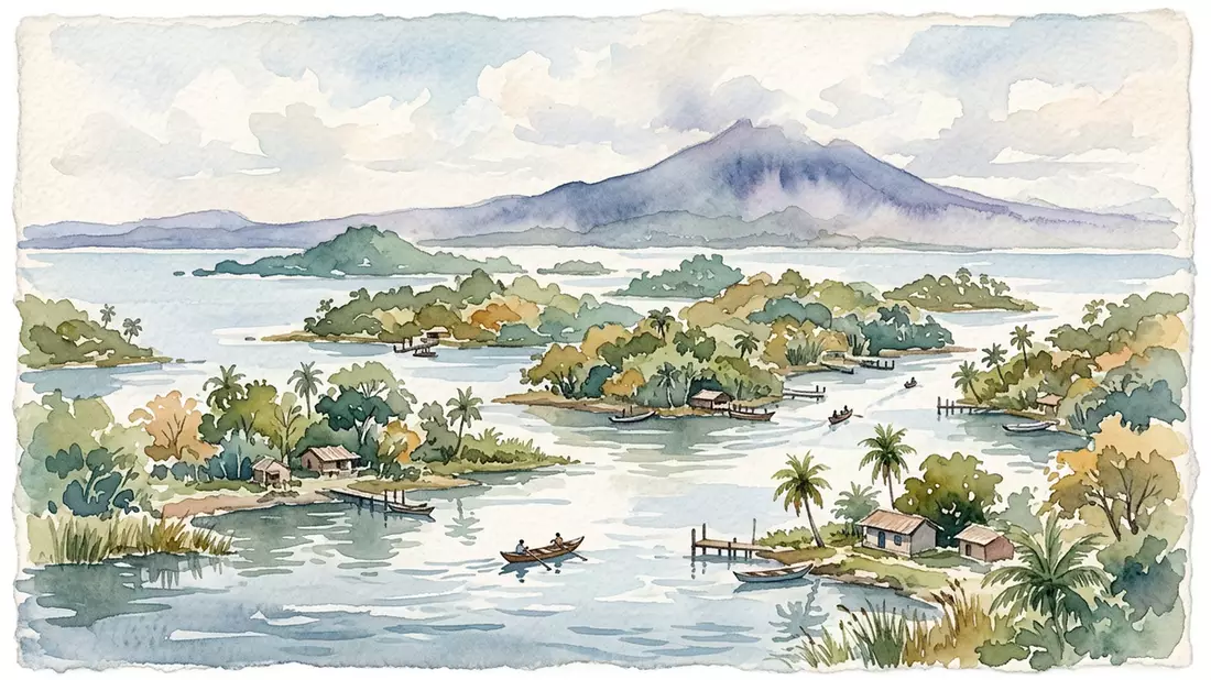 Aquarell-Illustration von Inseln von Granada in Granada, Nicaragua als Reiseposter