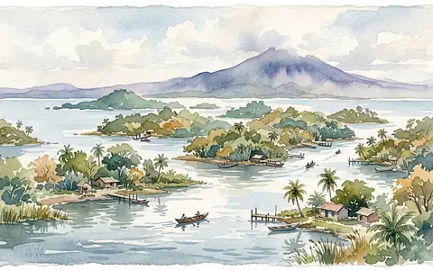 Aquarellillustration des Wahrzeichens Inseln von Granada in Granada Nicaragua, weiche Farbverläufe und pastelliges Reiseposter-Feeling - Foto: THN