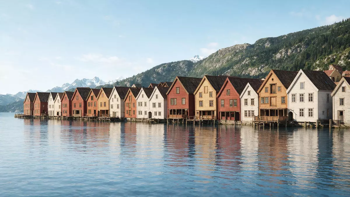 Architektur-Render von Bryggen Bergen in Bergen, Norwegen bei Tageslicht