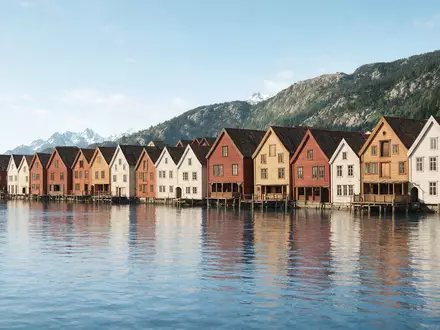 Moderner Architektur-Render zeigt Silhouette von Bryggen Bergen in Bergen Norwegen, klare Linien und neutrales Tageslicht - Foto: THN