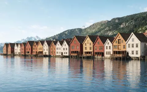 Moderner Architektur-Render zeigt Silhouette von Bryggen Bergen in Bergen Norwegen, klare Linien und neutrales Tageslicht - Foto: THN