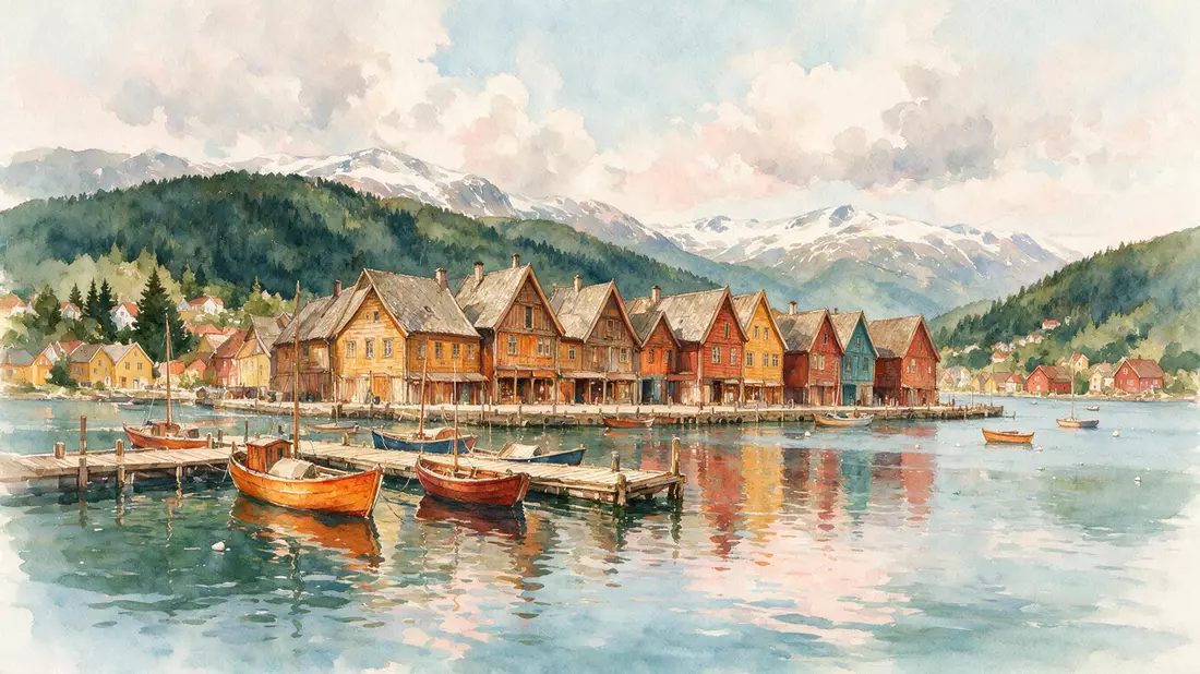 Aquarell-Illustration von Bryggen Bergen in Bergen, Norwegen als Reiseposter