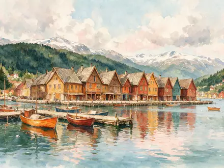 Aquarellillustration des Wahrzeichens Bryggen Bergen in Bergen Norwegen, weiche Farbverläufe und pastelliges Reiseposter-Feeling - Foto: THN