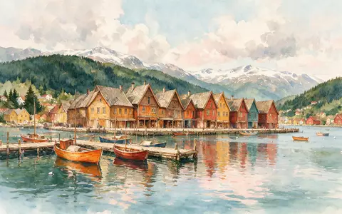 Aquarellillustration des Wahrzeichens Bryggen Bergen in Bergen Norwegen, weiche Farbverläufe und pastelliges Reiseposter-Feeling - Foto: THN
