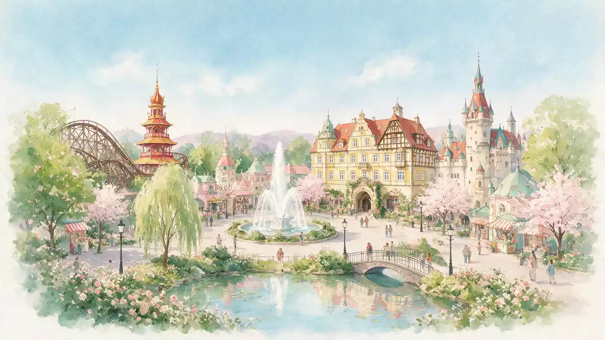 Aquarell-Illustration von Tivoli Kopenhagen in Kopenhagen, Dänemark als Reiseposter
