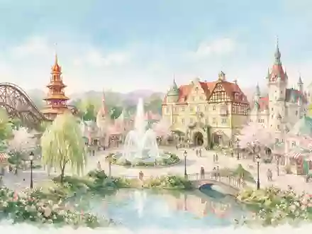 Aquarellillustration des Wahrzeichens Tivoli Kopenhagen in Kopenhagen Dänemark, weiche Farbverläufe und pastelliges Reiseposter-Feeling - Foto: THN