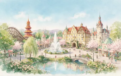 Aquarellillustration des Wahrzeichens Tivoli Kopenhagen in Kopenhagen Dänemark, weiche Farbverläufe und pastelliges Reiseposter-Feeling - Foto: THN